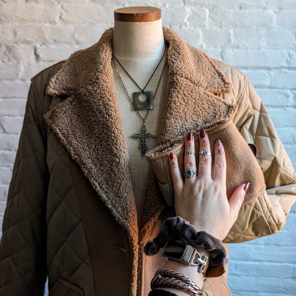 Brown Faux Fur Coat Teddy Jacket Quilted Puffer Coat Designer Reversible Large - Picture 13 of 16